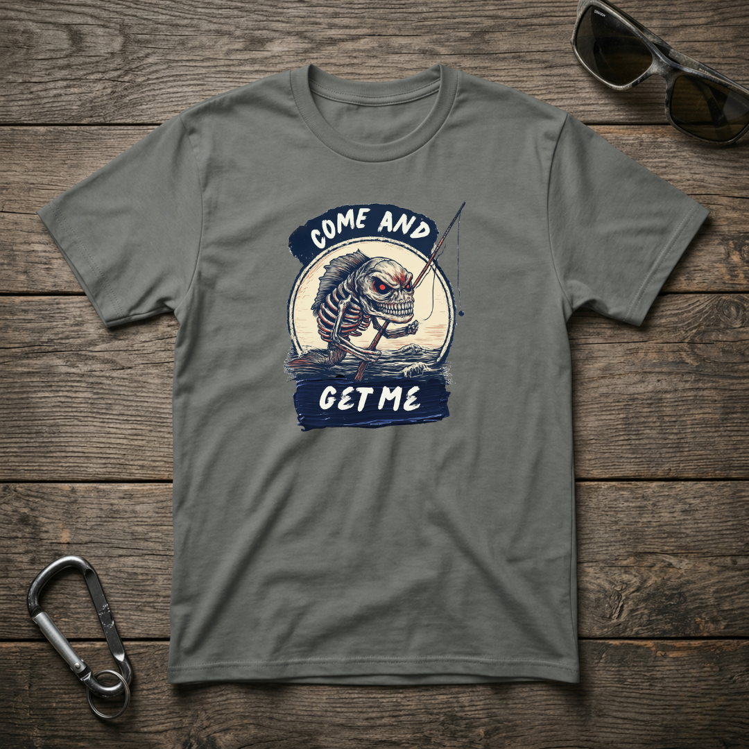 Come & Get Me graphic T-shirt by Designed For The Wild Co in grey, featuring a bold print on a comfortable garment-dyed fabric.