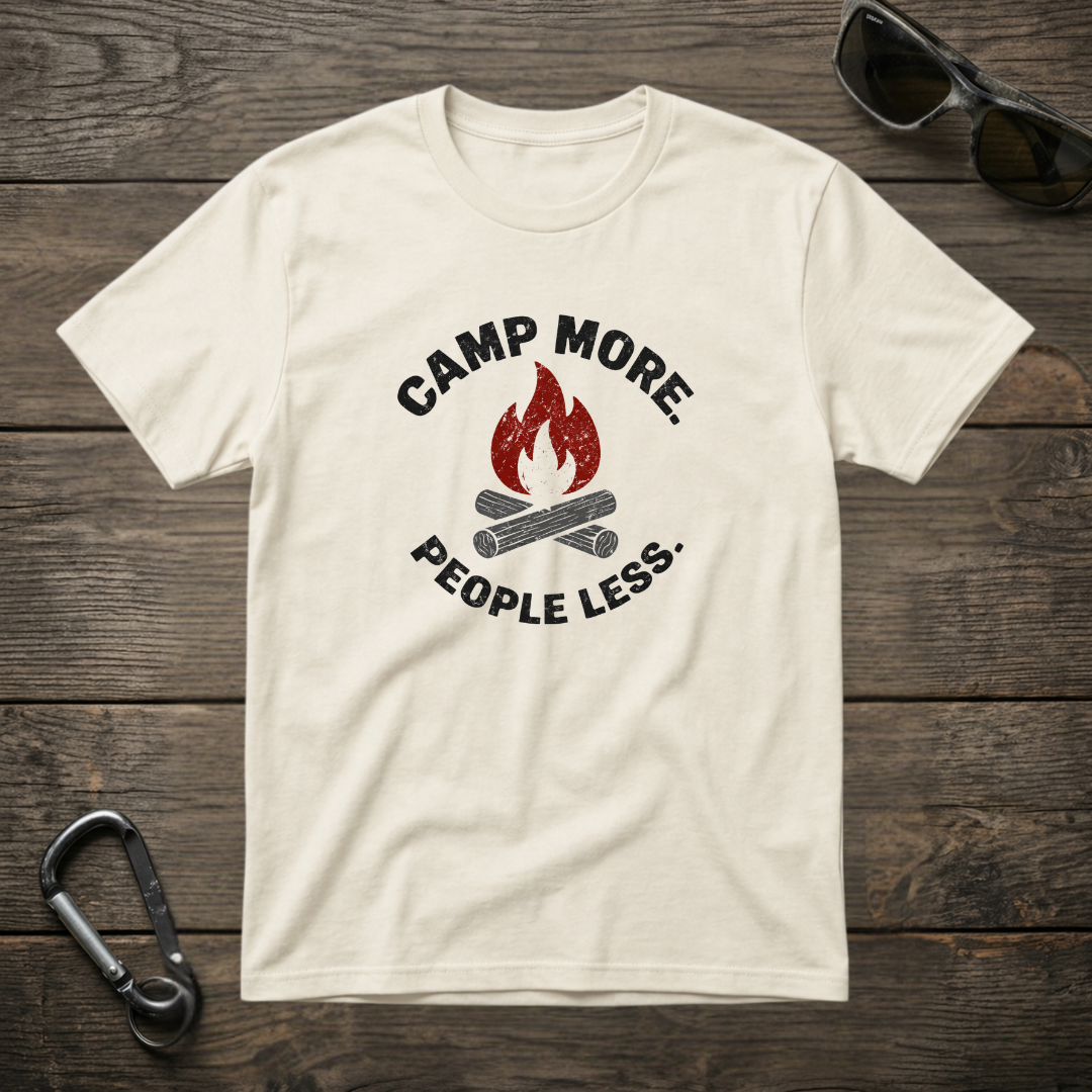 Graphic Camp More, People Less T-shirt by Designed For The Wild Co in ivory with subtle print and relaxed fit.