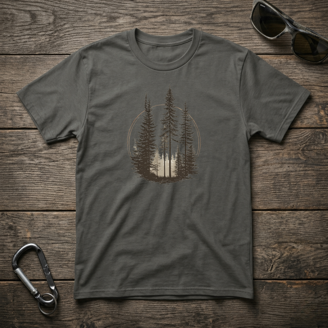 Graphic pine tree design T-shirt by Designed For The Wild Co, garment-dyed fabric in a casual, outdoors-inspired style.