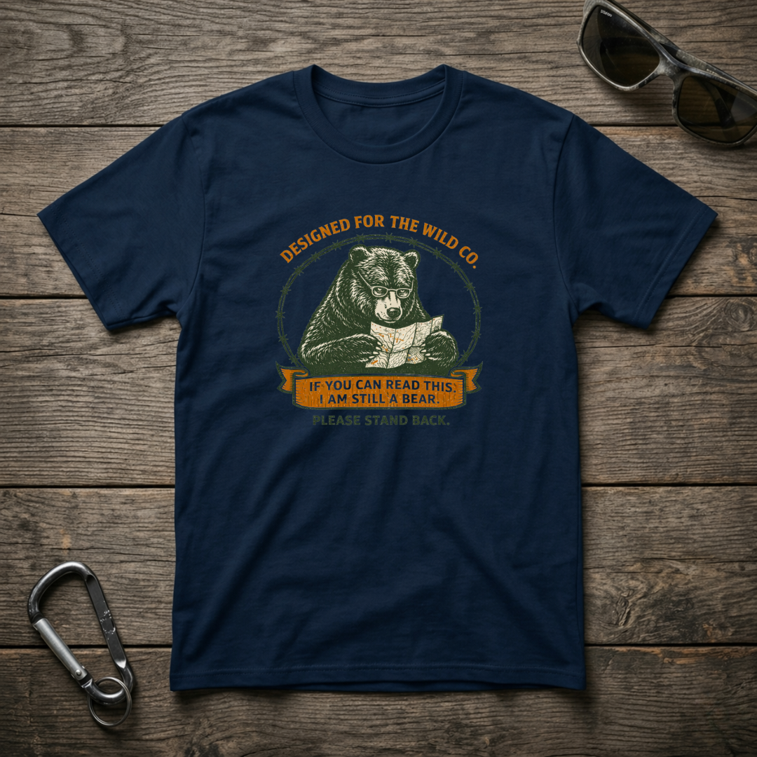 Graphic T-Shirt by Designed For The Wild Co featuring a "I Am Still A Bear" design on a true navy garment-dyed fabric.