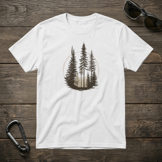 White Pine Trees graphic T-Shirt by Designed For The Wild Co featuring a nature-inspired pine tree design.
