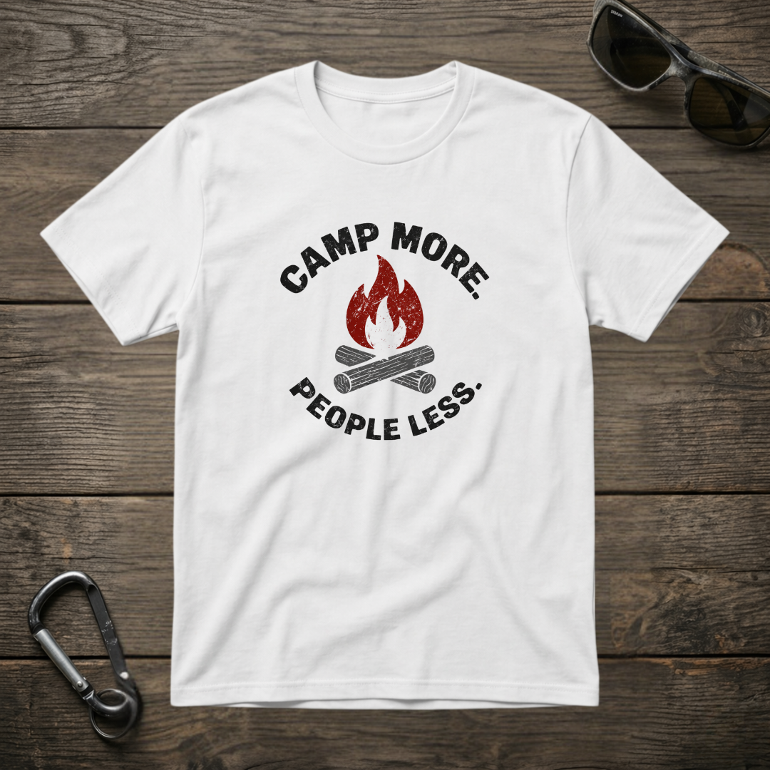 White Camp More People Less graphic T-shirt by Designed For The Wild Co featuring a casual, garment-dyed fabric and bold print.