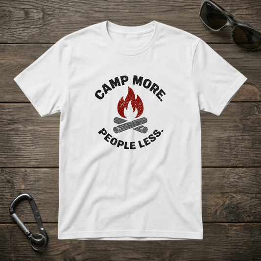 White Camp More People Less graphic T-shirt by Designed For The Wild Co featuring a casual, garment-dyed fabric and bold print.