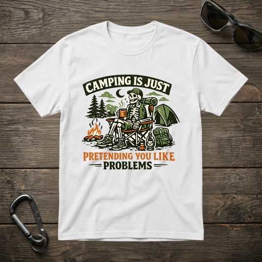 White graphic T-shirt from Designed For The Wild Co with "Camping Is Just Pretending" slogan and casual fit.