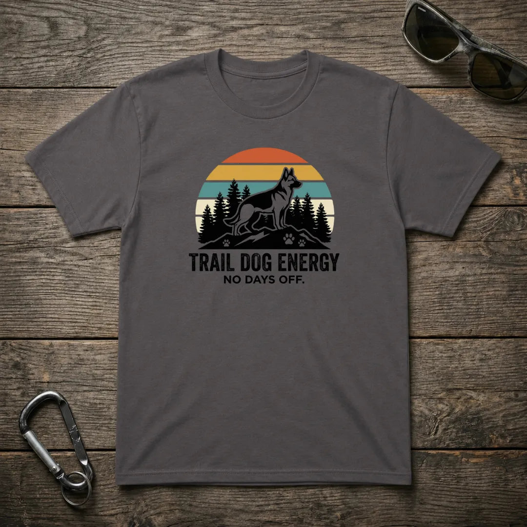 Charcoal graphic T-shirt for dogs by Designed For The Wild Co, featuring a bold trail-themed design on heavyweight cotton.