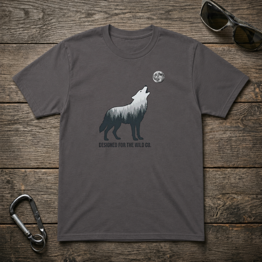 Charcoal Wild Wolf Trail Heavyweight Graphic T-Shirt by Designed For The Wild Co featuring a wolf graphic design.
