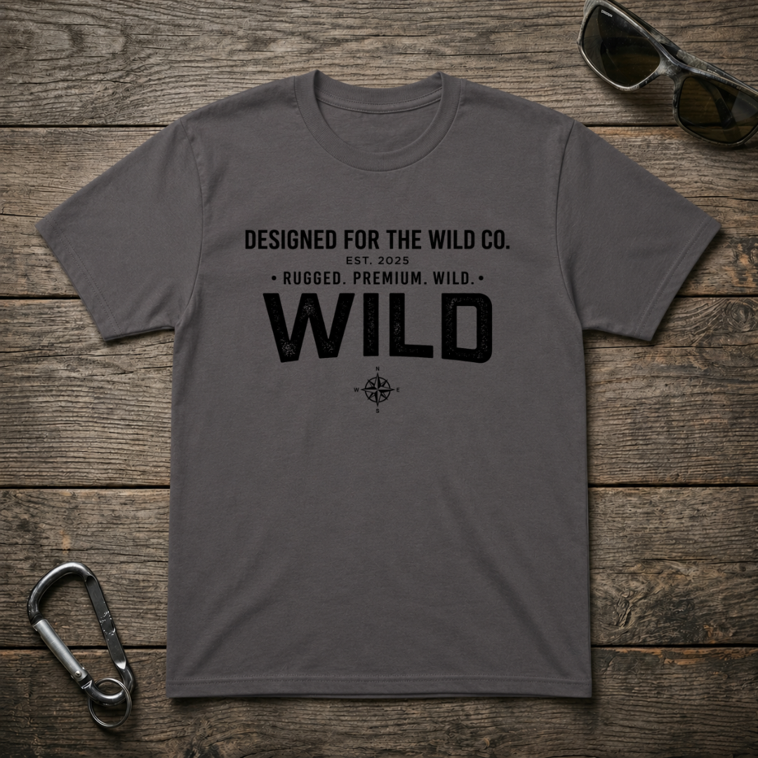Charcoal graphic T-shirt by Designed For The Wild Co with a bold logo print on the front, heavyweight cotton fabric.