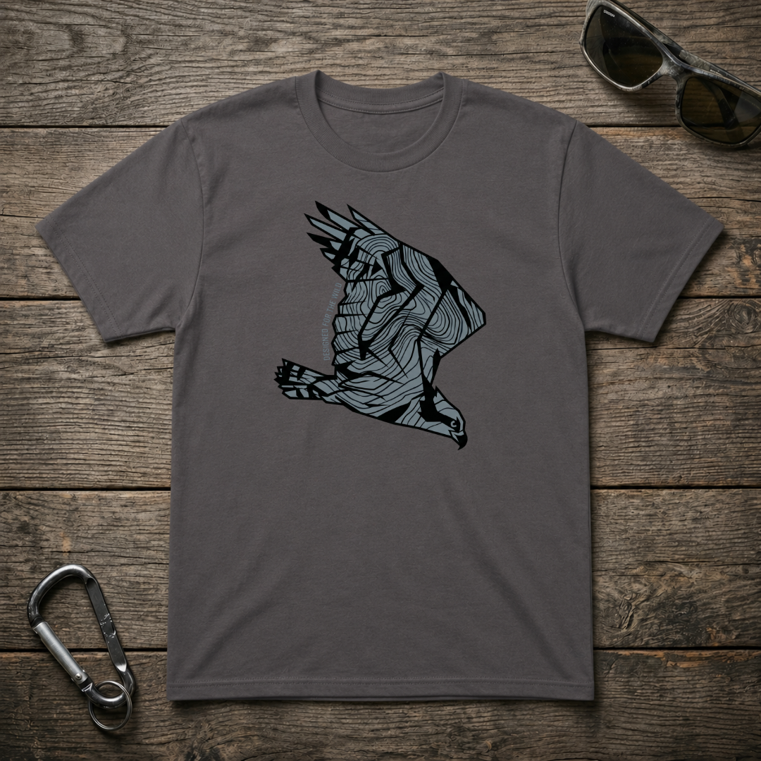 Charcoal Eagle Topography heavyweight graphic T-shirt by Designed For The Wild Co featuring detailed eagle and topography design.