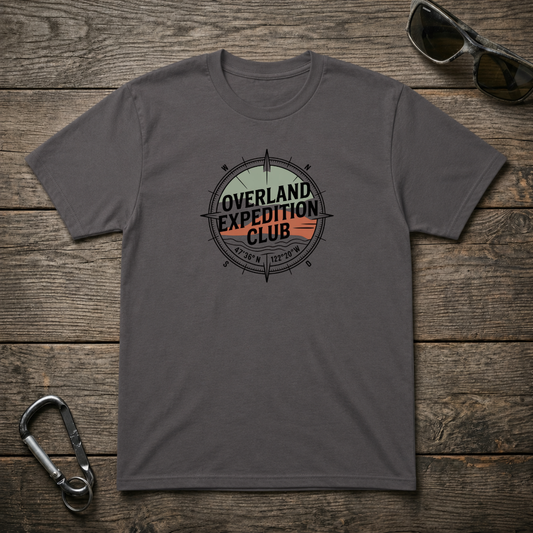 Charcoal graphic T-shirt from Designed For The Wild Co featuring an outdoor expedition design on heavyweight fabric.