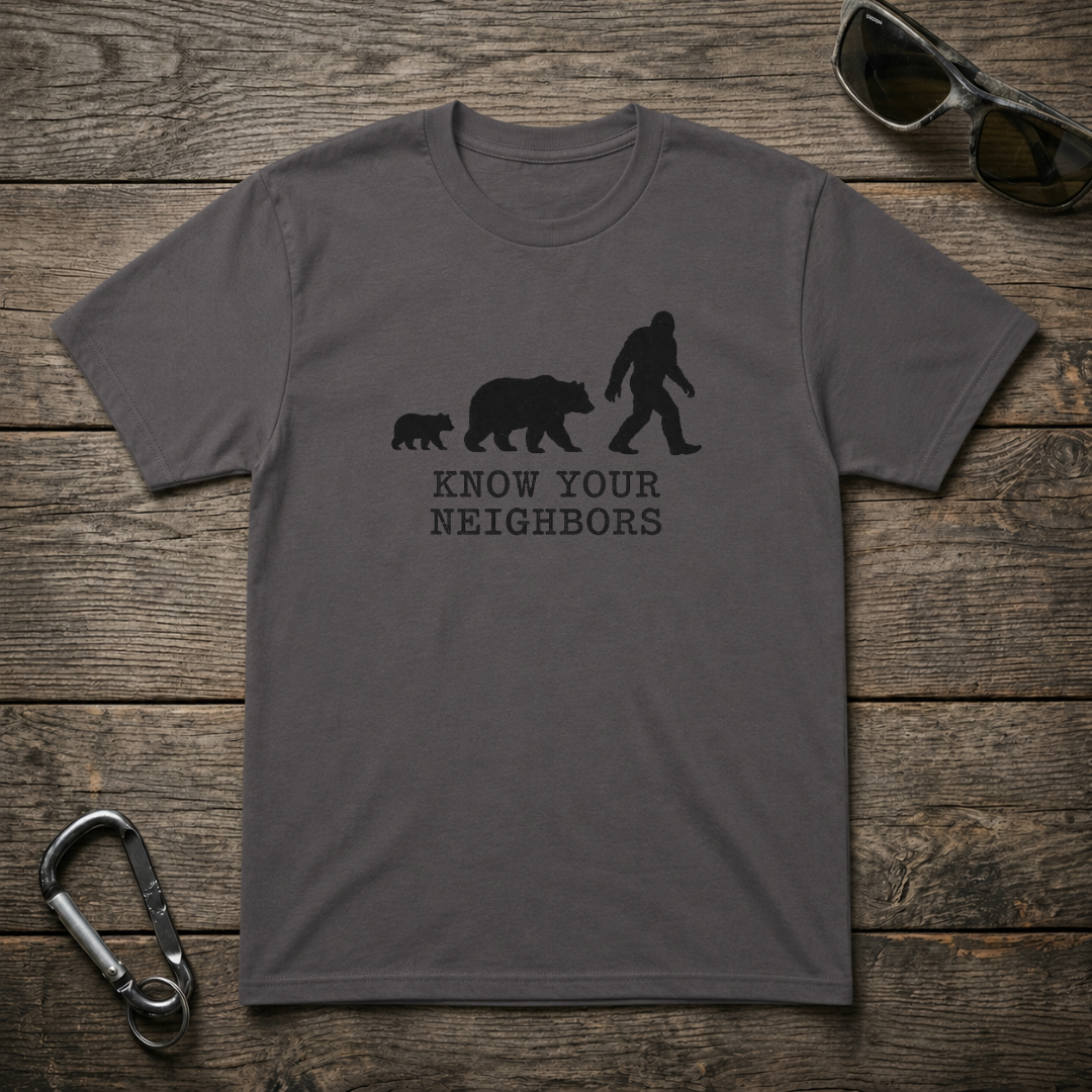 Charcoal heavyweight graphic T-shirt from Know Your Neighbors by Designed For The Wild Co, featuring a bold printed design.