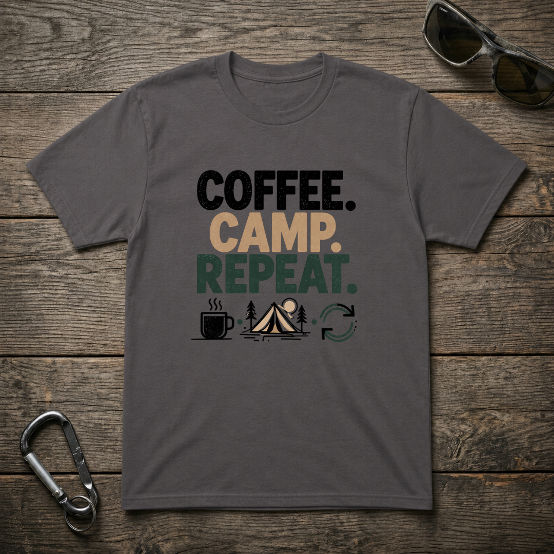Charcoal graphic T-shirt from Designed For The Wild Co featuring "Camp Coffee Repeat" print on heavyweight cotton fabric.