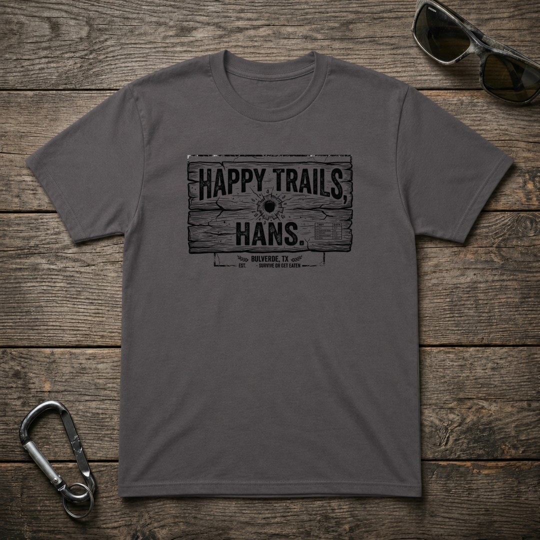Charcoal graphic T-shirt from Designed For The Wild Co featuring the Happy Trails Hans Heavyweight T-Shirt design.