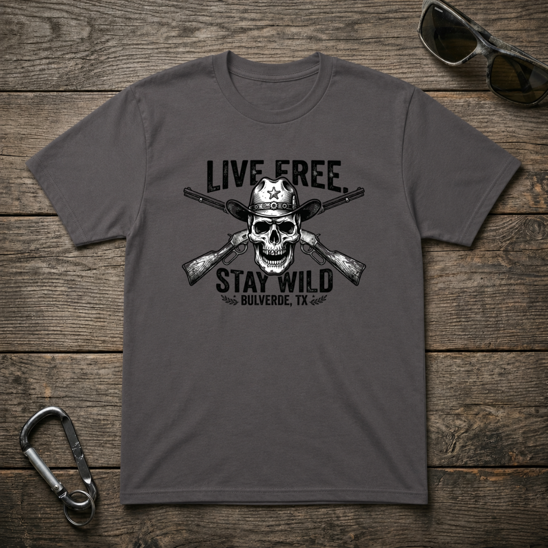 Charcoal graphic T-shirt from Designed For The Wild Co featuring "Live Free Stay Wild" print and heavyweight cotton fabric.