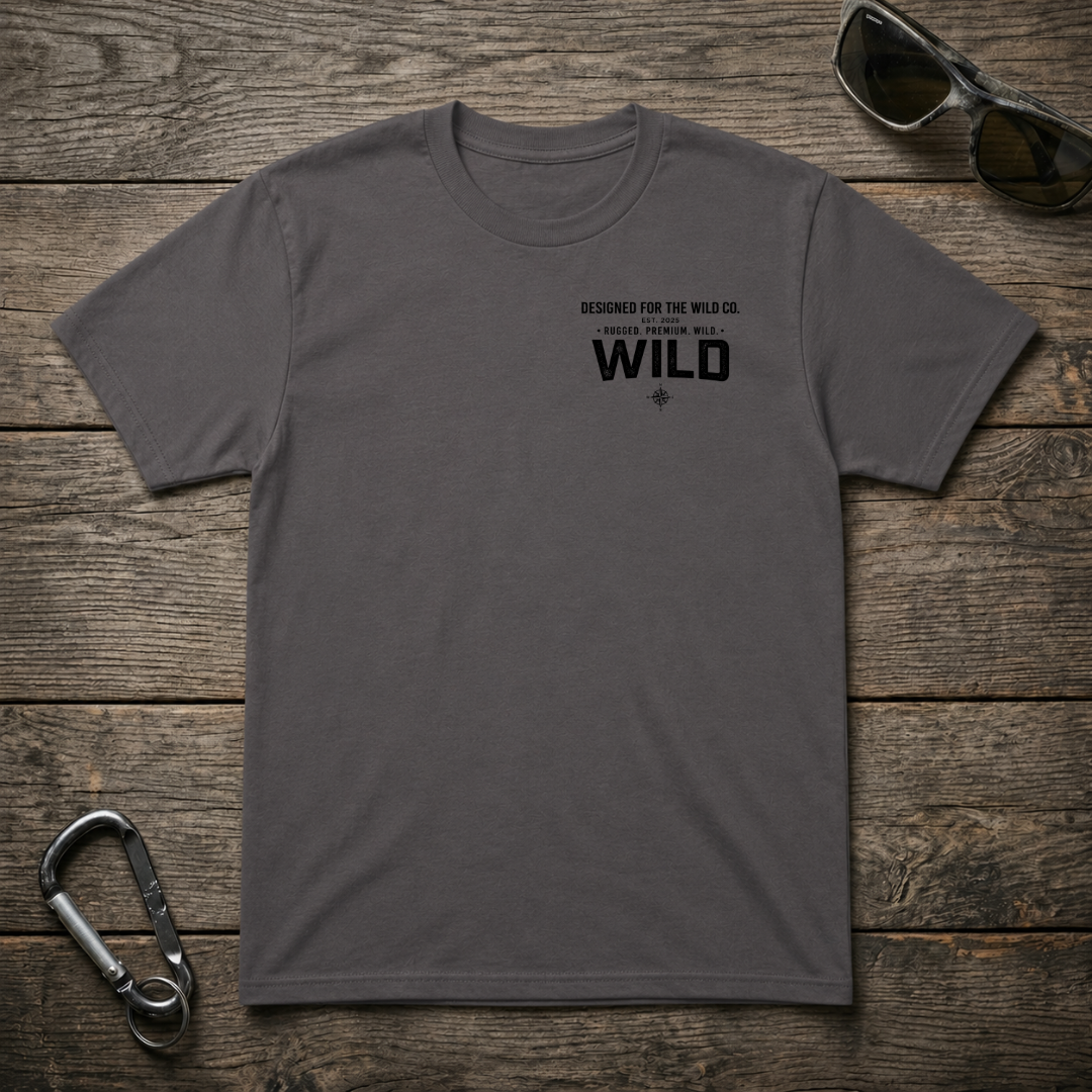 Charcoal Explore The Wild Heavyweight Graphic T-Shirt by Designed For The Wild Co, featuring bold wilderness-themed artwork.