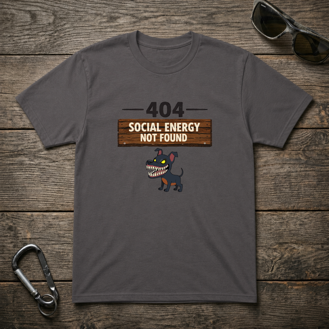 Charcoal graphic T-shirt by Designed For The Wild Co featuring bold "Energy Not Found" text and wildlife-themed design.