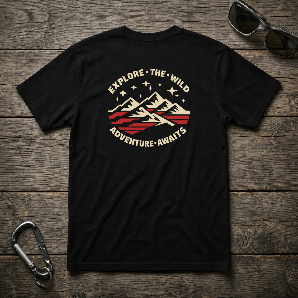 Explore The Wild heavyweight graphic T-shirt by Designed For The Wild Co featuring a nature-inspired mountain and wildlife design.