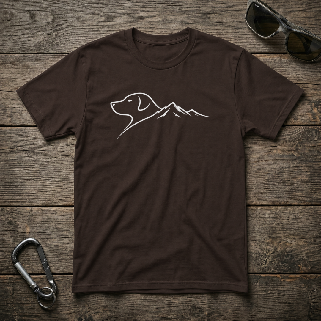 Dark chocolate-colored Dog & Mountain Trail graphic T-shirt by Designed For The Wild Co featuring outdoor-themed print and soft cotton fabric.
