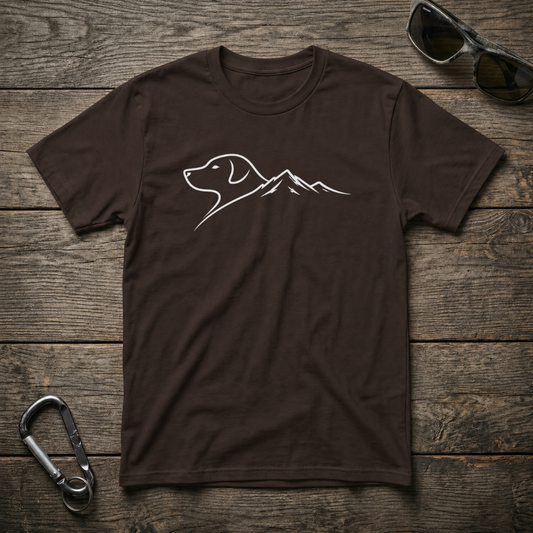 Dark chocolate-colored Dog & Mountain Trail graphic T-shirt by Designed For The Wild Co featuring outdoor-themed print and soft cotton fabric.
