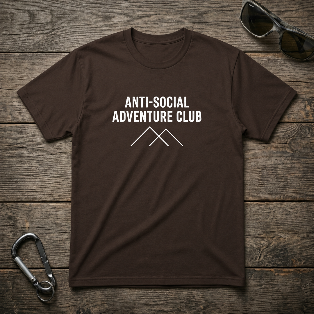 Dark chocolate graphic T-shirt from Designed For The Wild Co's Anti-Social Adventure Club Heavyweight T-Shirt collection, featuring bold design.