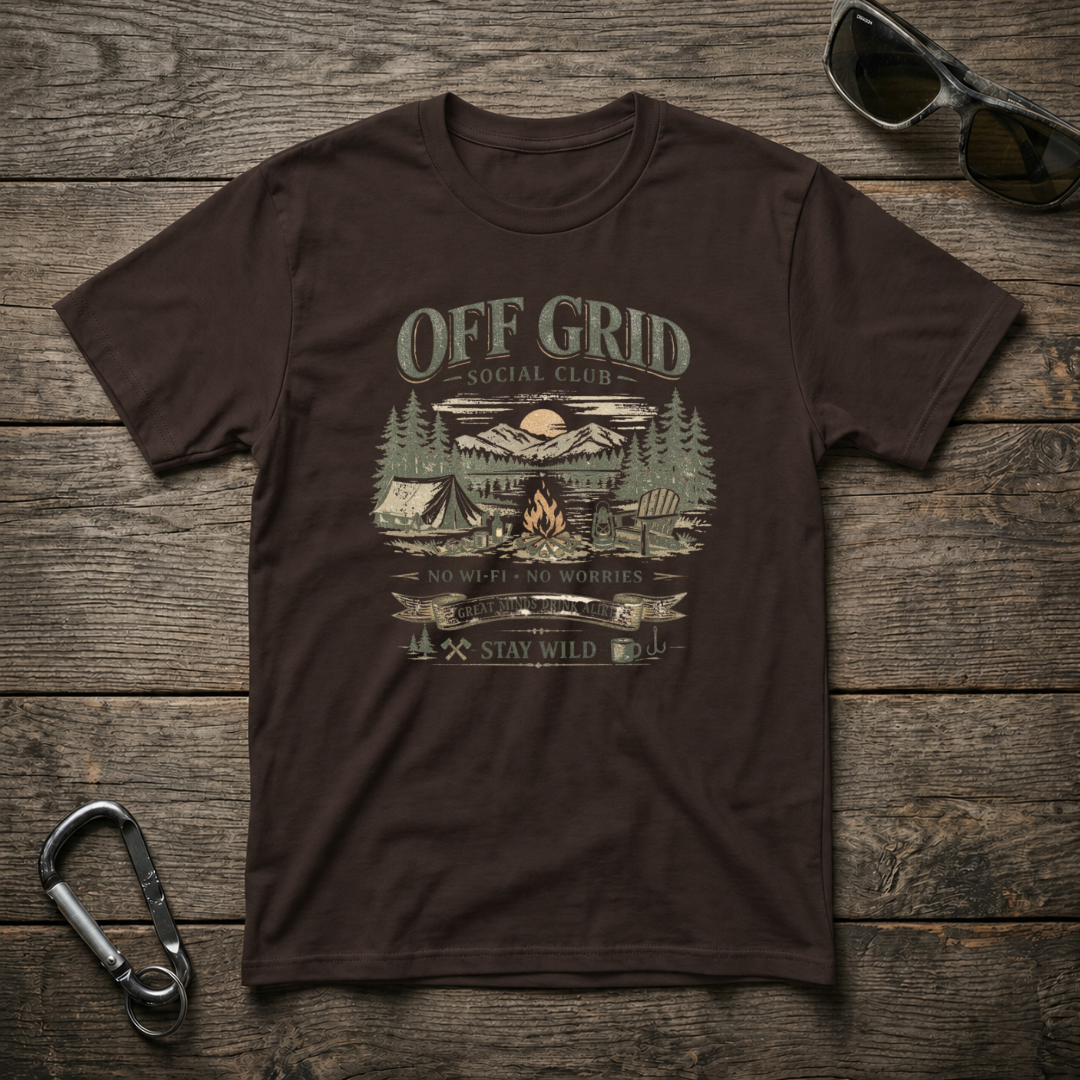Dark chocolate-colored graphic T-shirt by Designed For The Wild Co featuring off-grid social camping design on softstyle fabric.