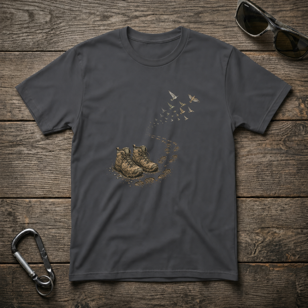 Dark heather graphic T-shirt by Designed For The Wild Co featuring a stylish boots walking softstyle design.