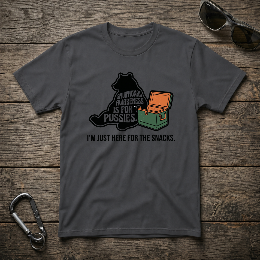 Dark heather gray graphic T-shirt by Designed For The Wild Co featuring a Situational Awareness Bear illustration.