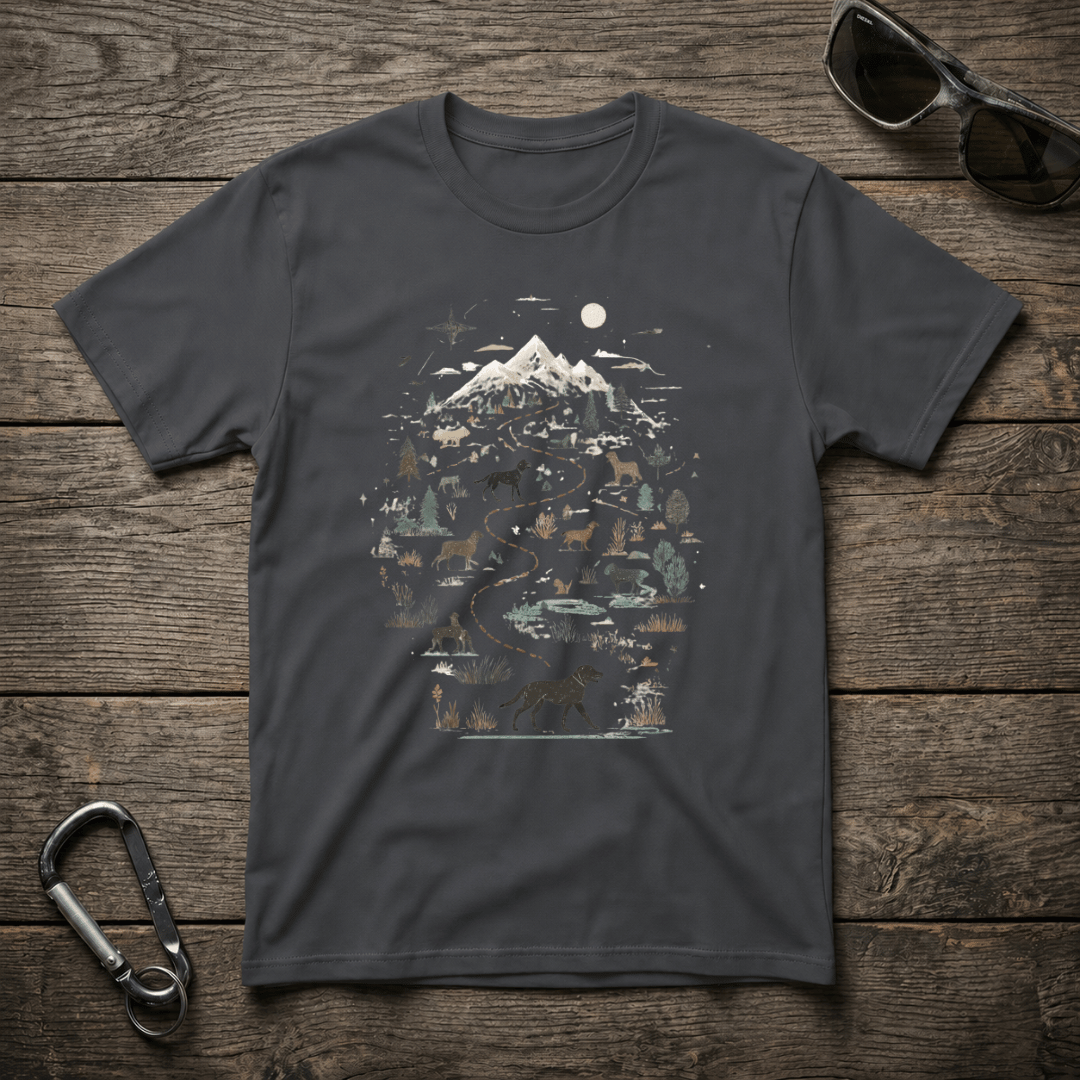 Dark heather graphic T-shirt by Designed For The Wild Co featuring wild dog artwork on softstyle fabric.