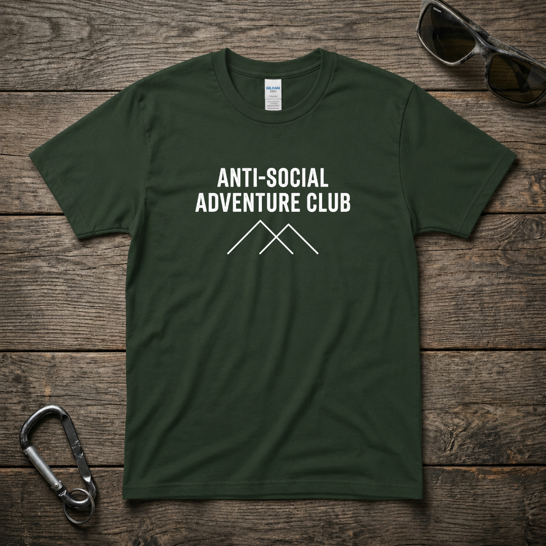 Forest green graphic T-shirt from Designed For The Wild Co's Anti-Social Adventure Club collection, featuring outdoor-themed design.