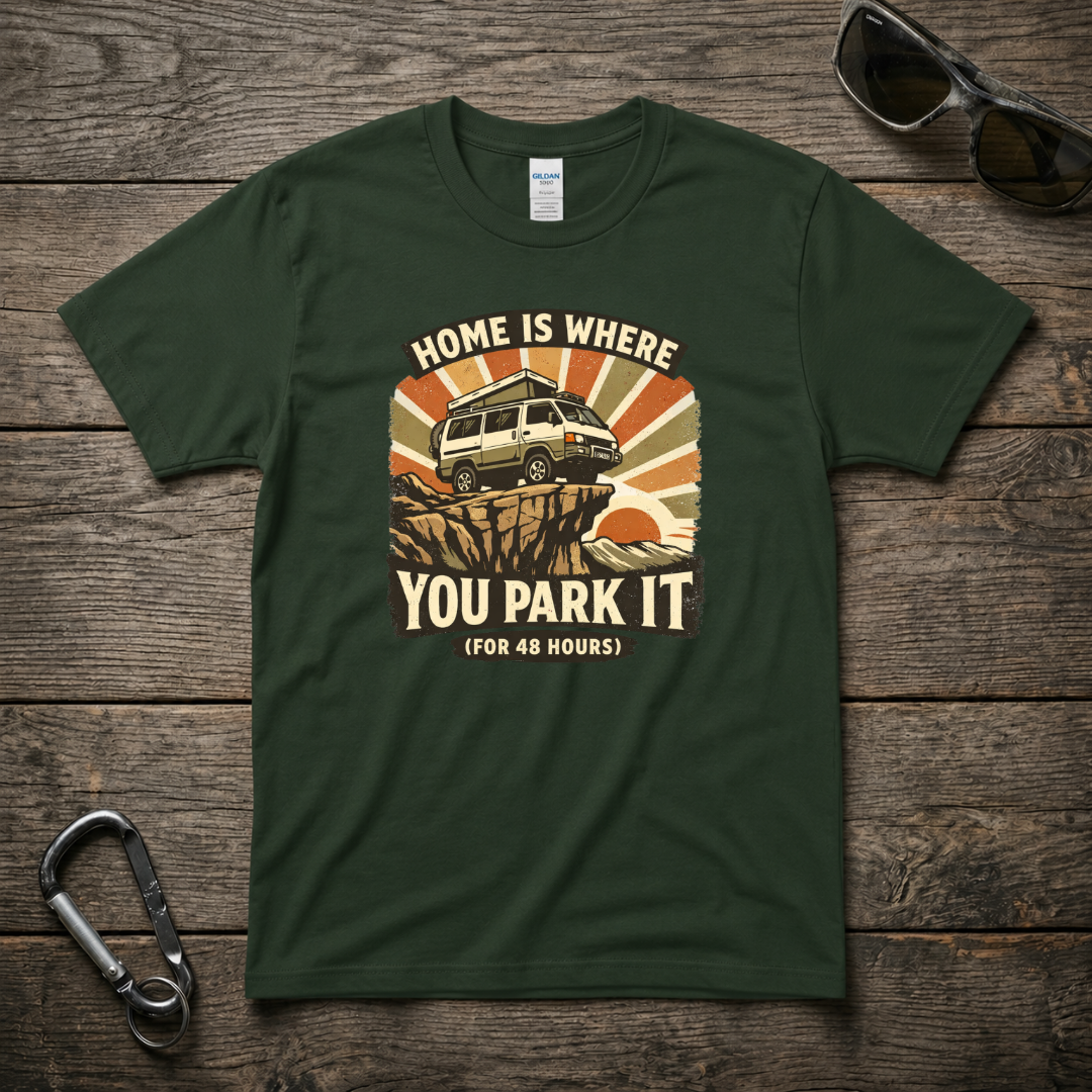 Forest green graphic T-shirt from Designed For The Wild Co featuring the "Home Is Where You Park It" design.