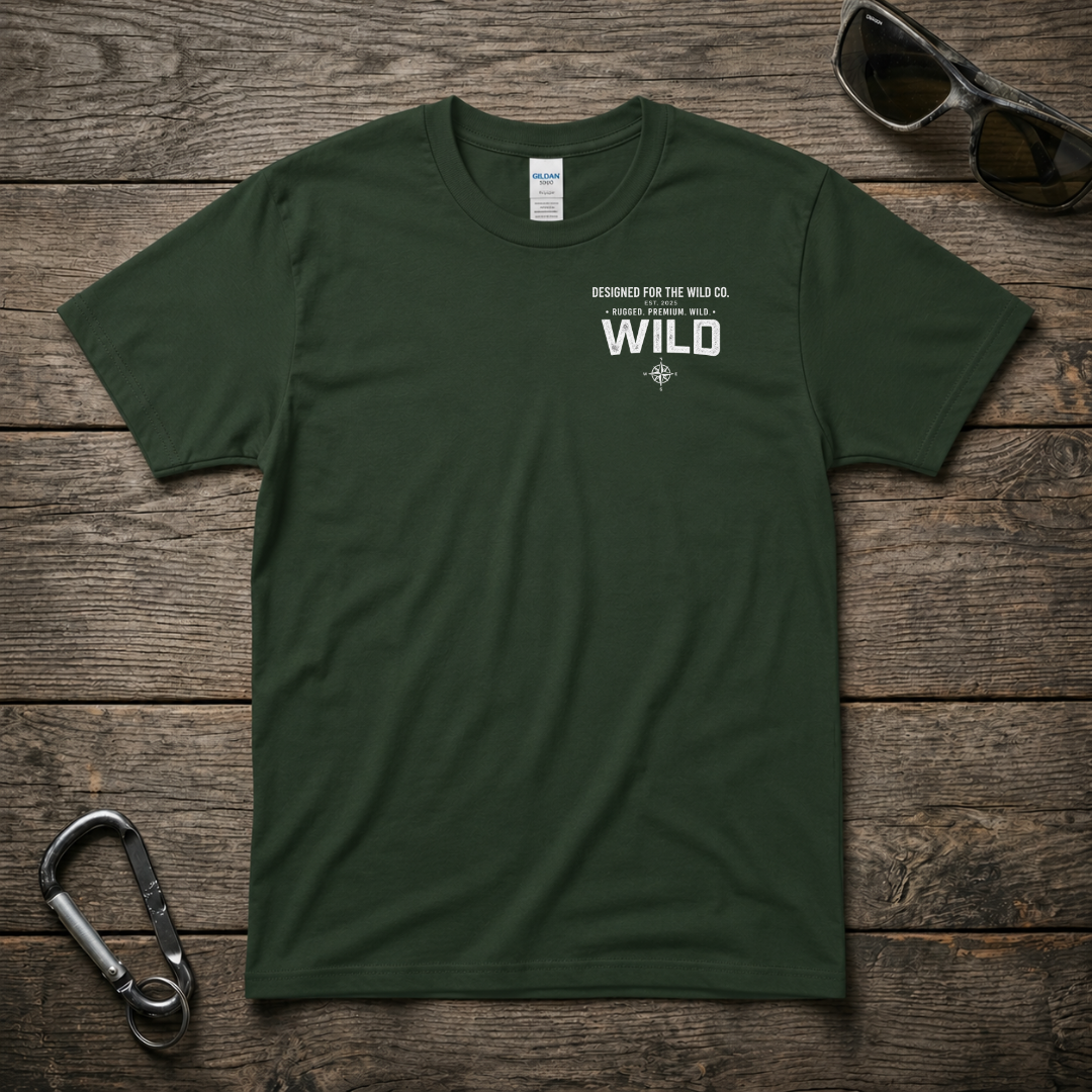 Forest green graphic heavyweight T-shirt by Designed For The Wild Co featuring outdoor wilderness illustration.