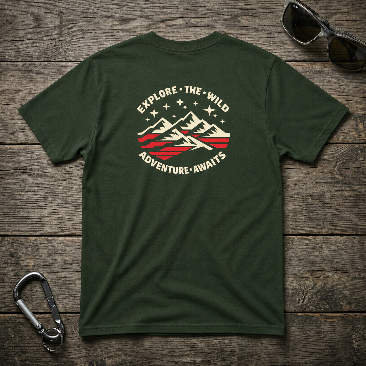Forest green graphic T-shirt by Designed For The Wild Co featuring a nature-inspired explore the wild design on heavyweight cotton fabric.