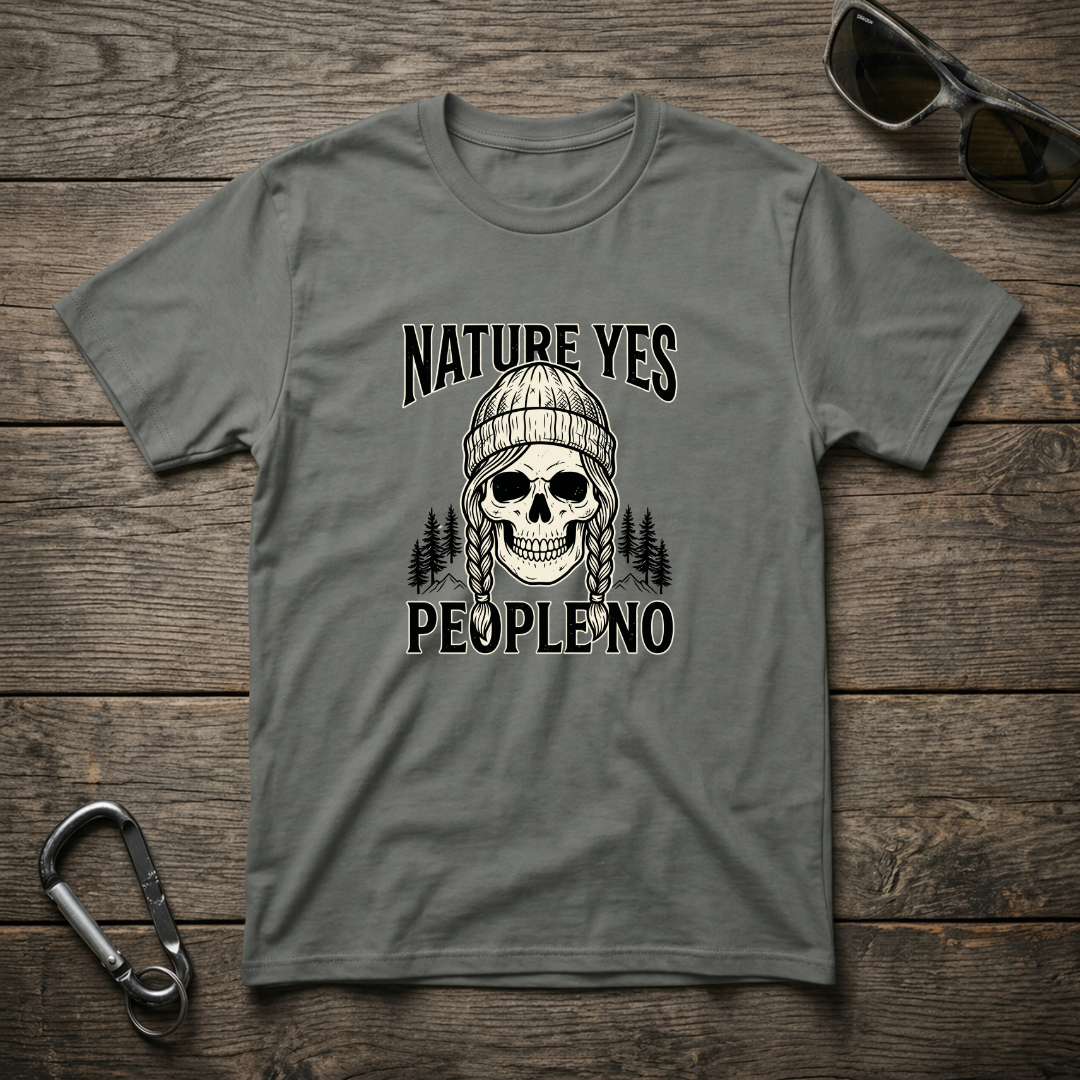 Gray graphic T-shirt by Designed For The Wild Co featuring a nature-inspired design with the text "Nature Yes, People No."