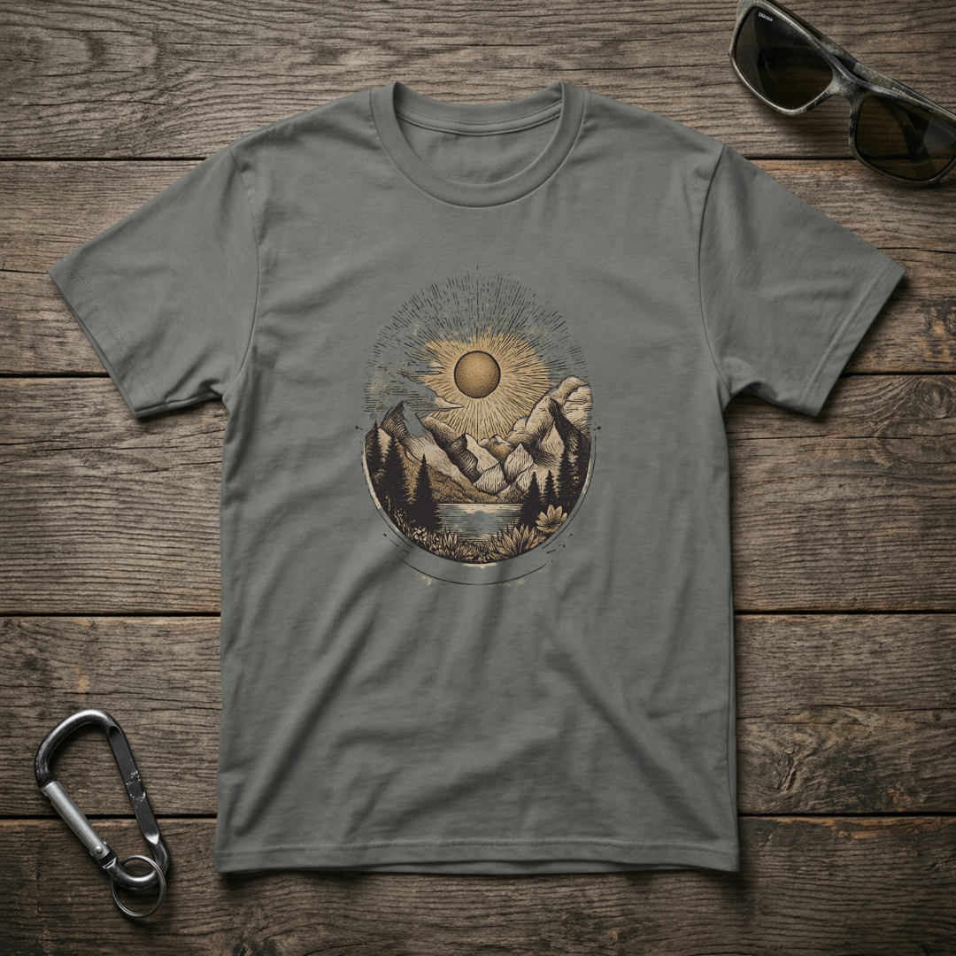 Gray graphic T-shirt featuring a desert sunset design from Designed For The Wild Co, with soft garment-dyed fabric and natural colors.