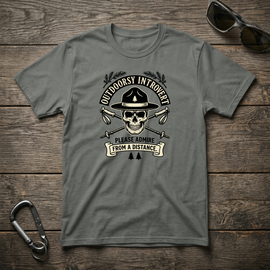 Gray graphic T-shirt for outdoorsy introverts by Designed For The Wild Co, featuring a casual, comfortable fit and nature-inspired design.