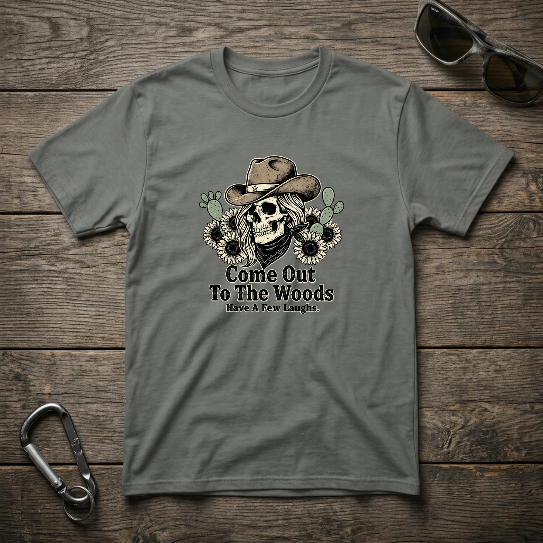 Gray Come Out To The Woods graphic T-shirt by Designed For The Wild Co, featuring nature-inspired design on a casual cotton shirt.
