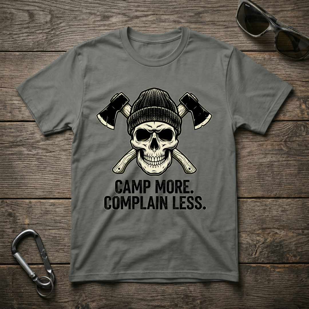 Gray graphic T-shirt from Designed For The Wild Co featuring the "Camp More, Complain Less" slogan on soft, comfortable garment-dyed fabric.
