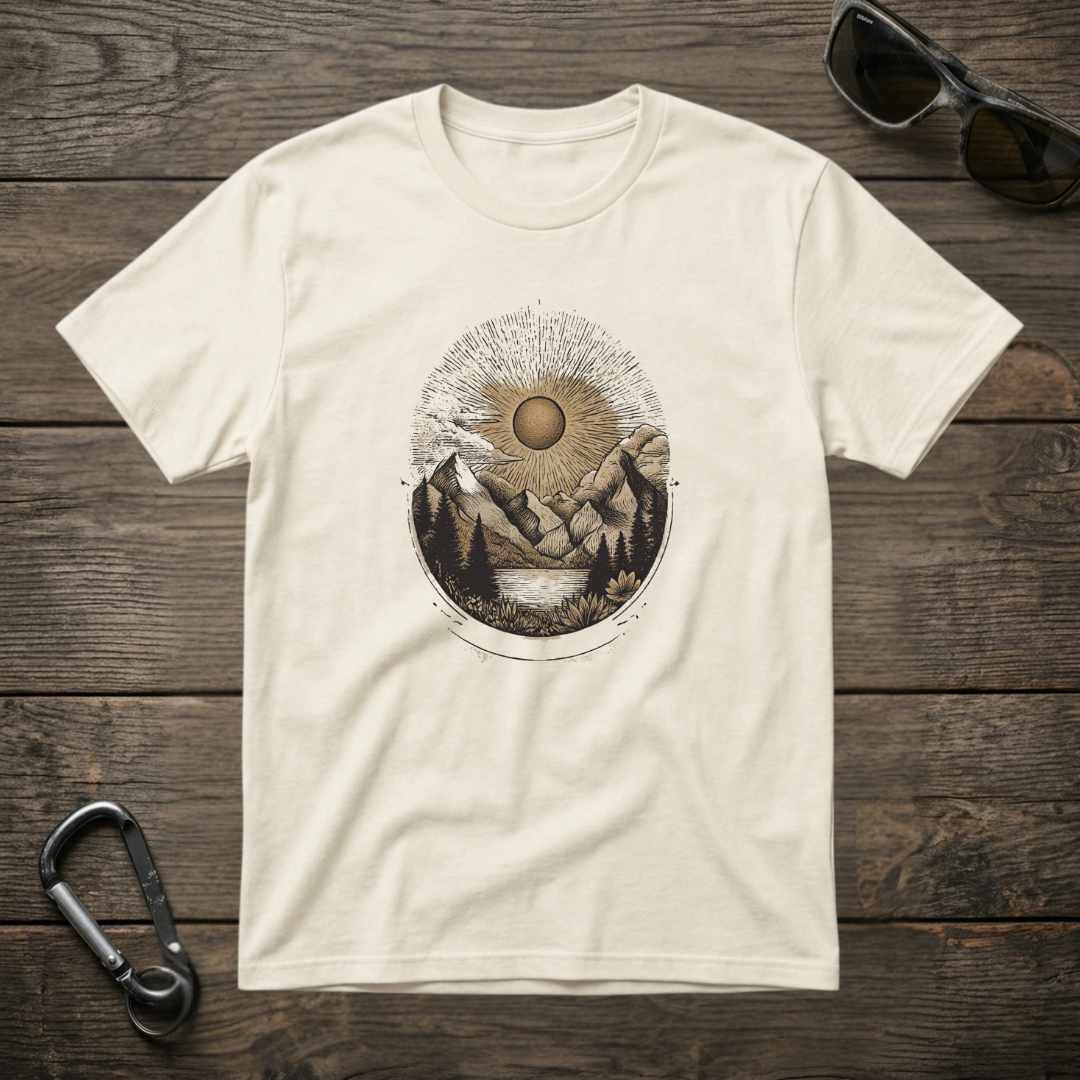 Ivory graphic t-shirt from Designed For The Wild Co featuring a desert sunset design on soft garment-dyed fabric.
