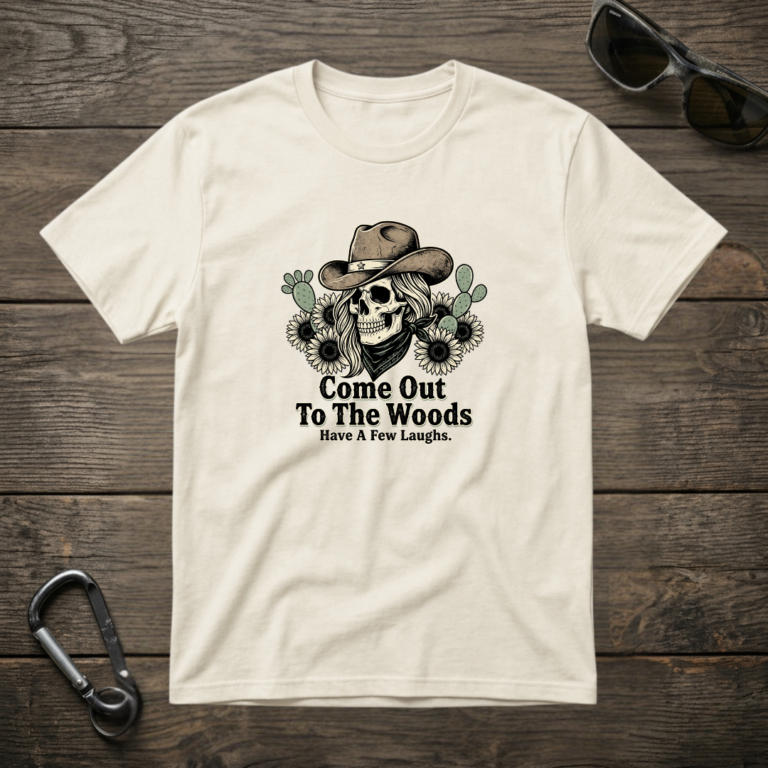 Ivory Come Out To The Woods graphic T-shirt by Designed For The Wild Co with forest-themed print on soft, garment-dyed cotton.