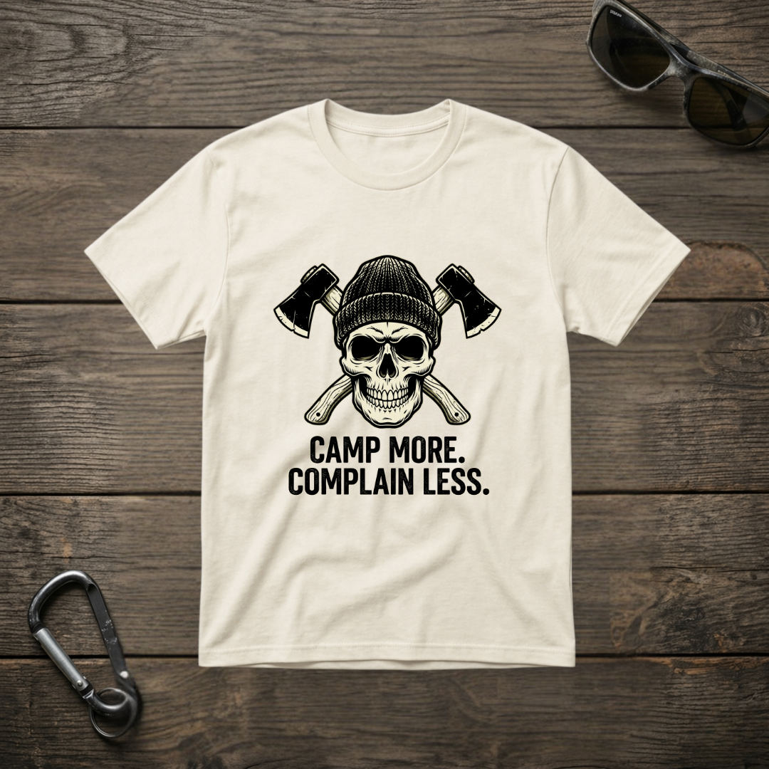 Ivory graphic T-shirt by Designed For The Wild Co featuring the "Camp More, Complain Less" slogan in bold lettering.