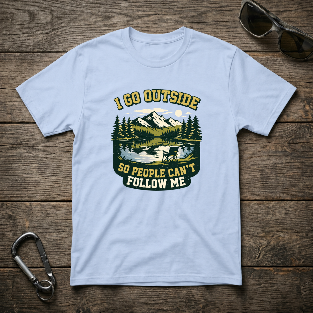 Light blue I Go Outside heavyweight graphic T-shirt by Designed For The Wild Co, featuring outdoor-themed artwork on the front.