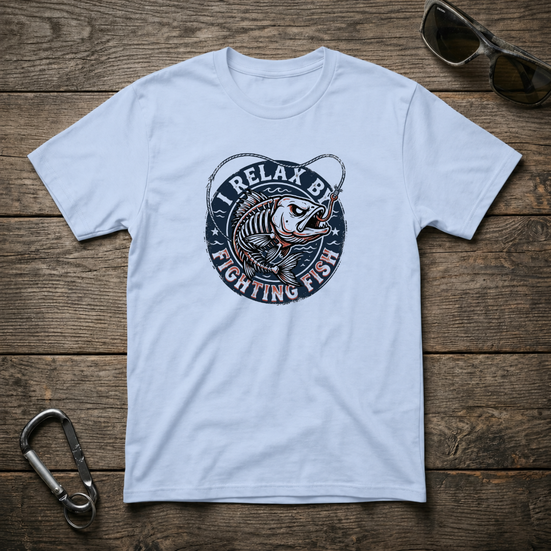 Light blue graphic T-shirt featuring a fighting fish design from I Relax By Fighting Fish Heavyweight T-Shirt by Designed For The Wild Co.