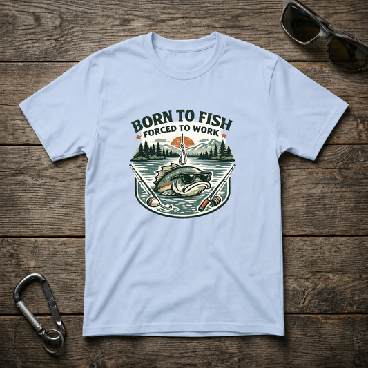Light blue Born to Fish, Forced to Work graphic softstyle T-shirt by Designed For The Wild Co featuring fishing-themed design.