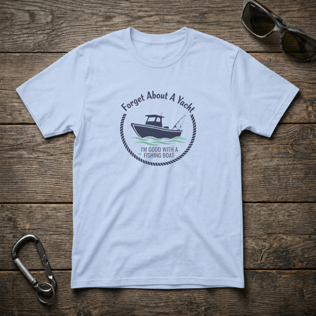 Light blue Forget About A Yacht heavyweight graphic T-shirt by Designed For The Wild Co with bold printed design.