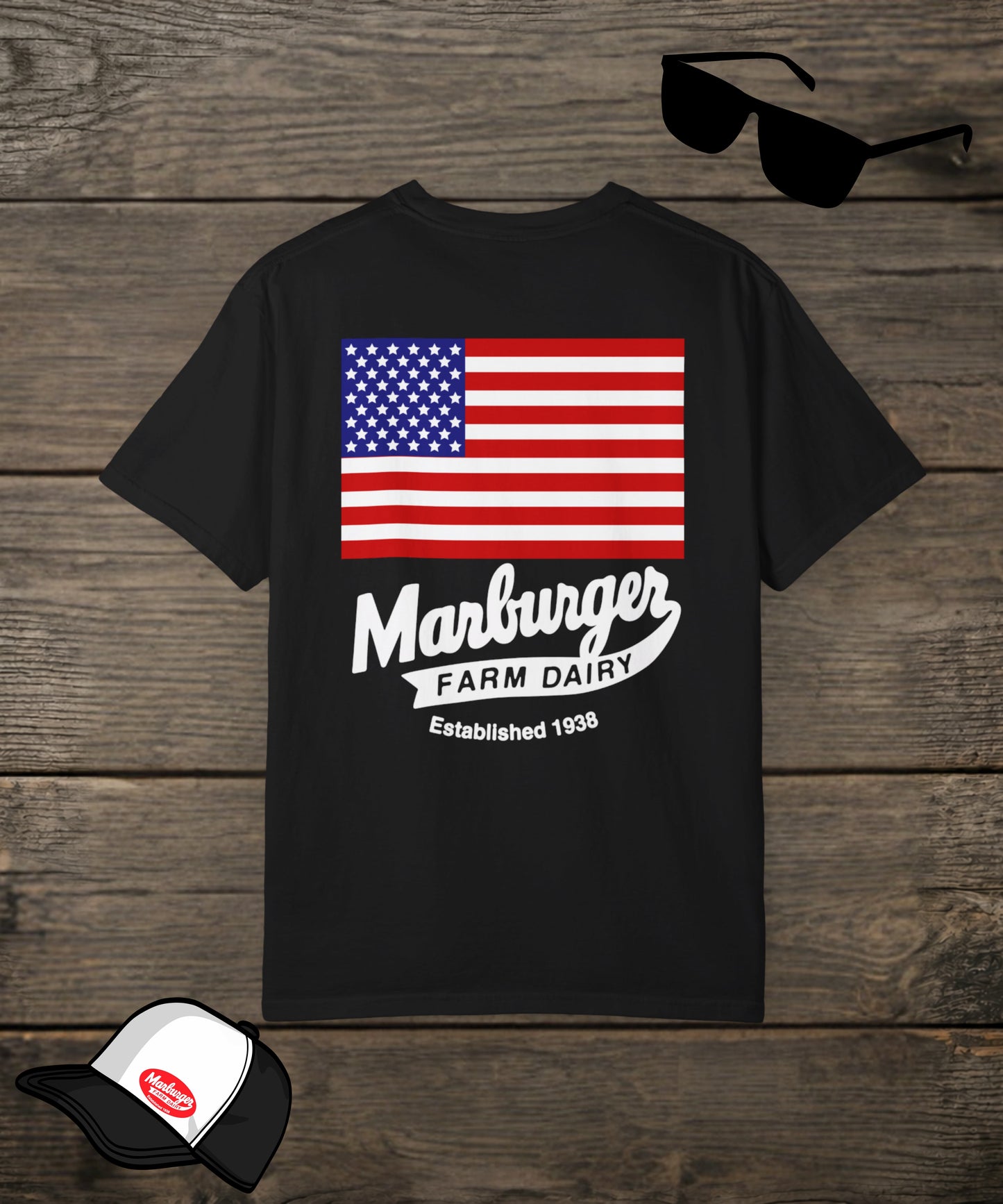 Custom black T-shirt by Designed For The Wild Co featuring Marburger Farm Dairy Co. logo on the back, casual and comfortable fit.