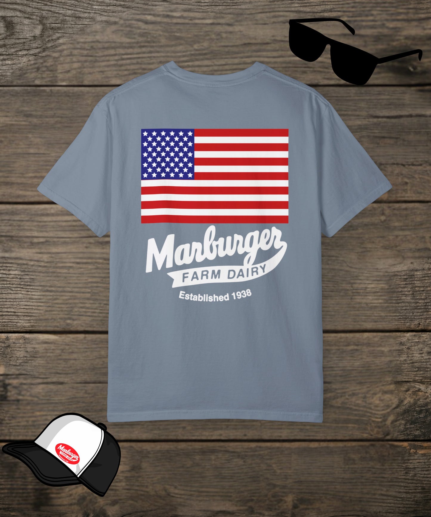 Custom Marburger Farm Dairy Co. Comfort Colors T-shirt with a blue jean back design, by Designed For The Wild Co.