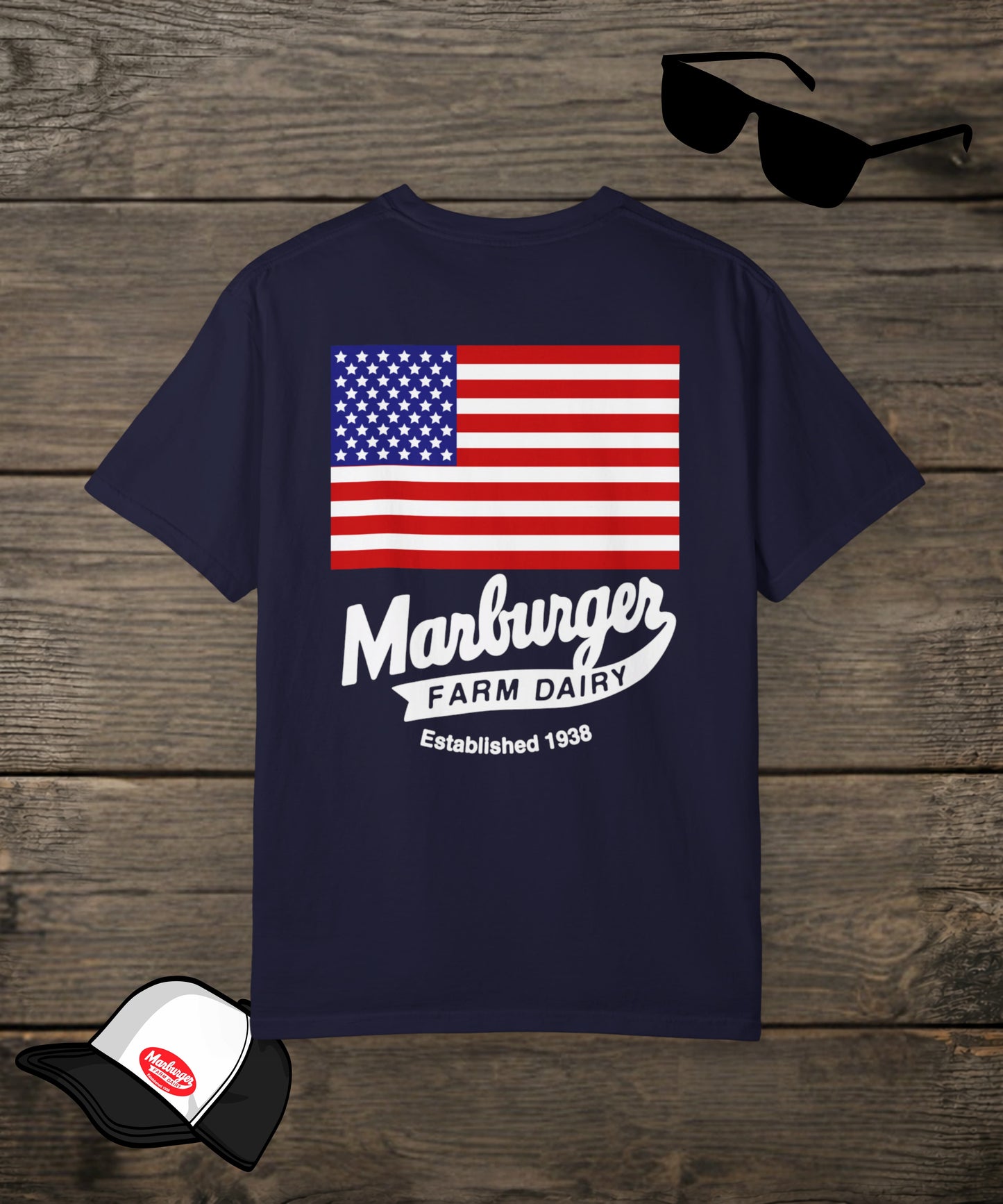 Custom Marburger Farm Dairy Co. Comfort Colors T-shirt with a blue back design, featuring natural, comfortable cotton fabric.
