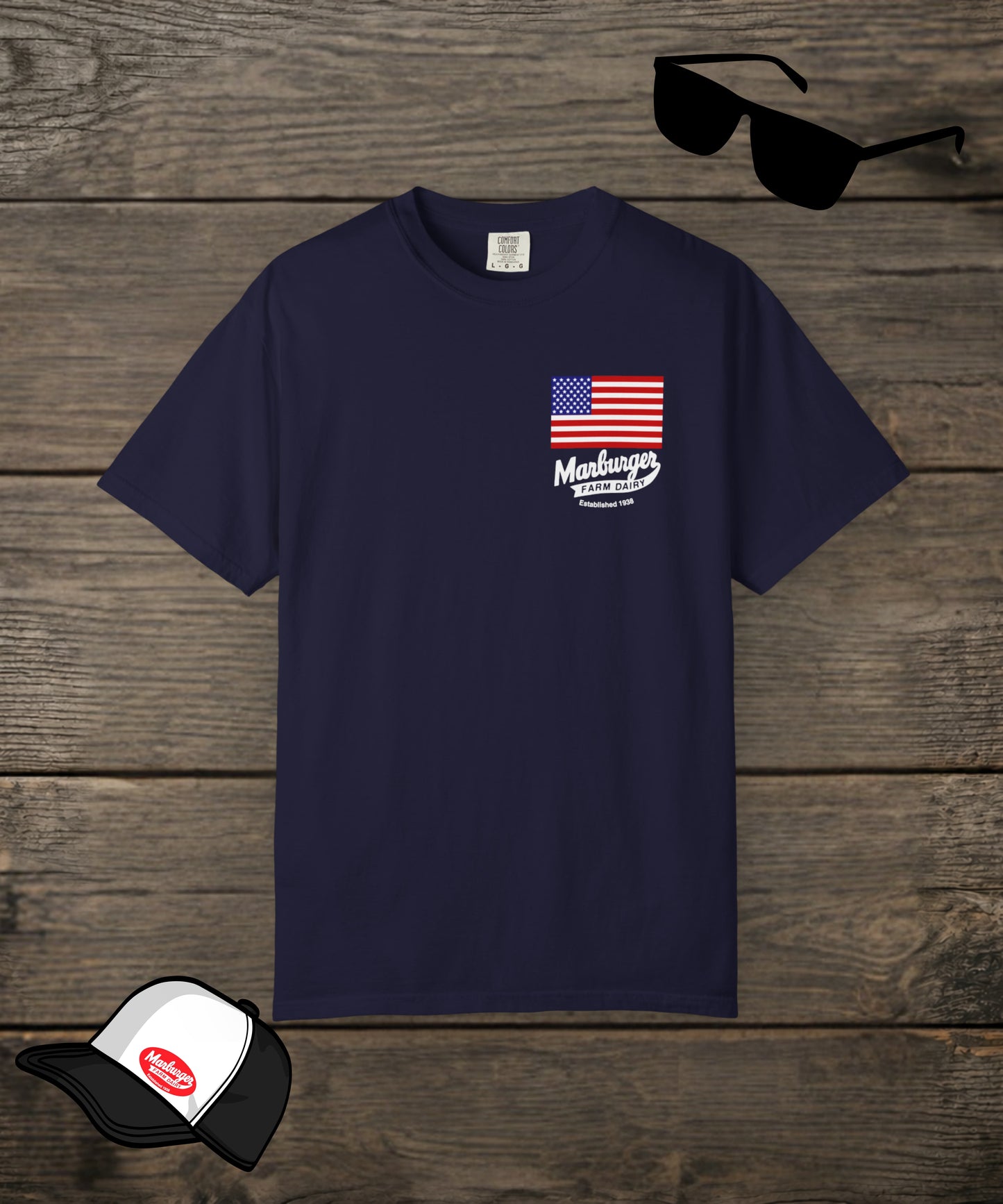 Custom Marburger Farm Dairy Co. Comfort Colors T-shirt by Designed For The Wild Co, featuring a front true blue graphic design.