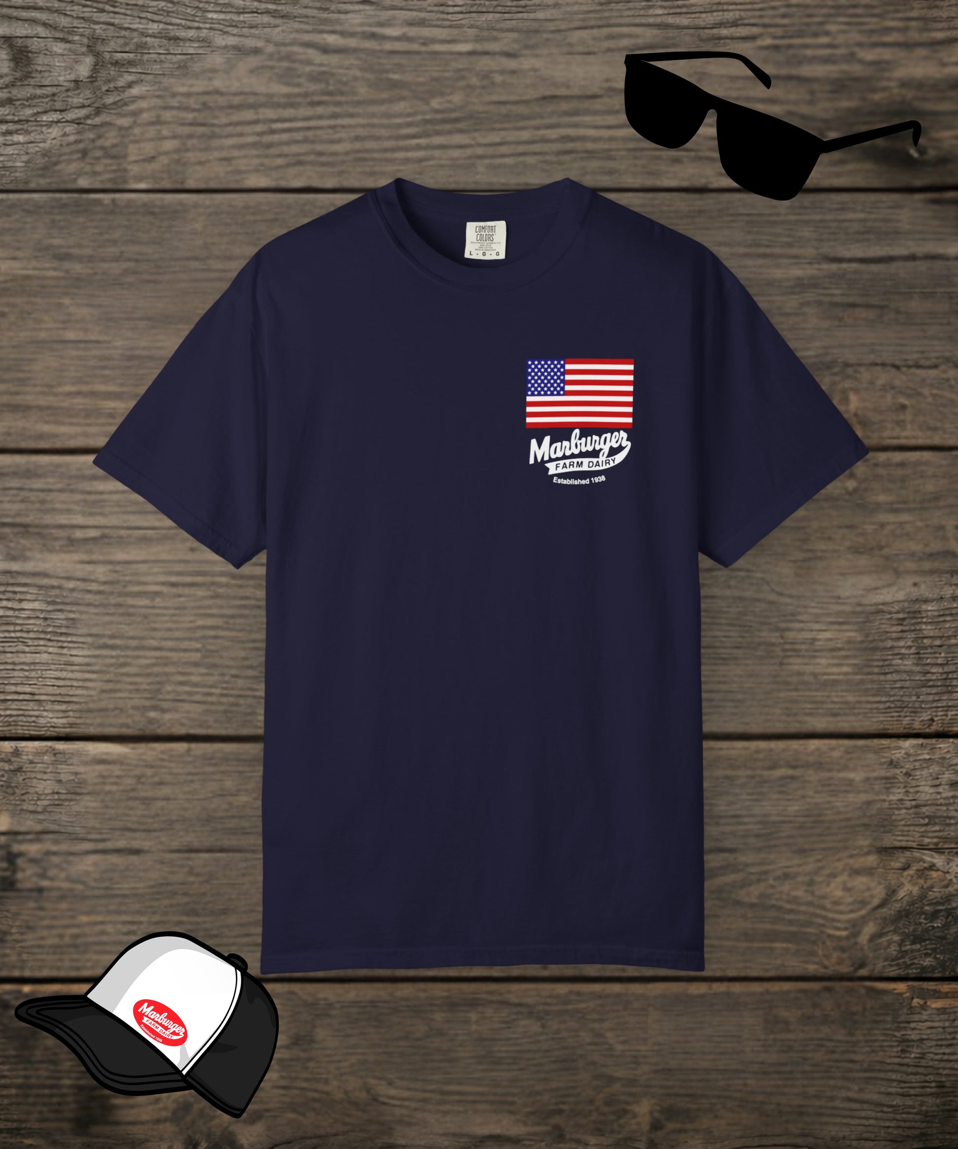 Custom Marburger Farm Dairy Co. Comfort Colors T-shirt by Designed For The Wild Co, featuring a front true blue graphic design.
