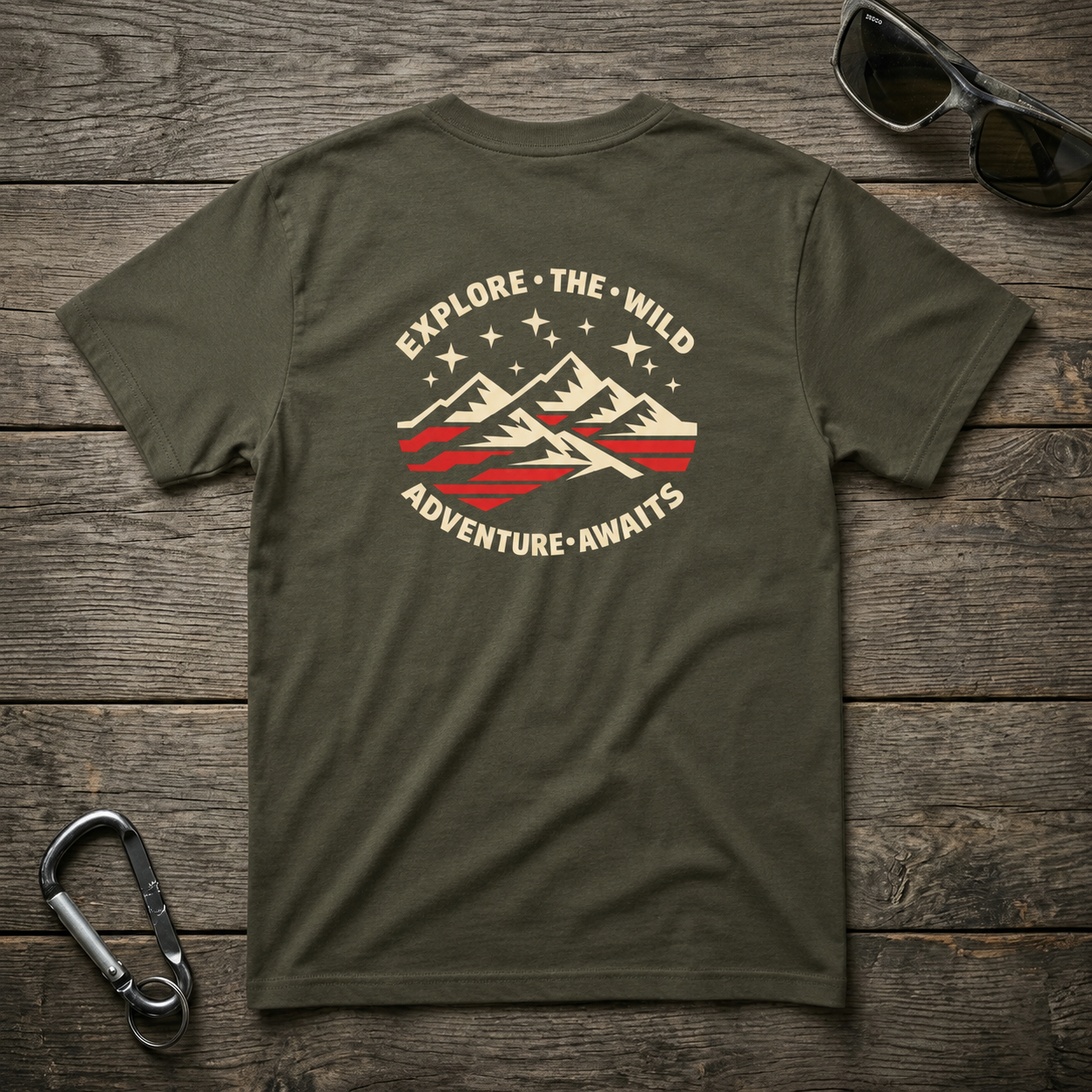 Military green graphic T-shirt from Designed For The Wild Co featuring wilderness-inspired design on heavyweight cotton fabric.