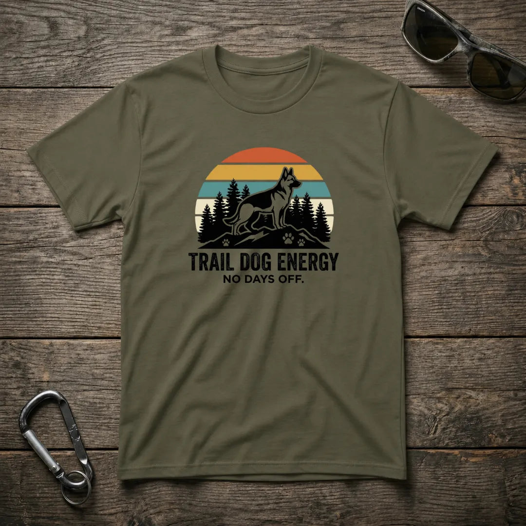 Military green graphic T-shirt for trail dogs by Designed For The Wild Co, featuring rugged outdoor design and durable heavyweight fabric.